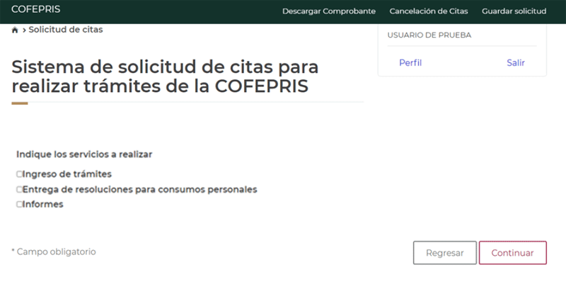 Selección de Servicios a realizar en la Cofepris