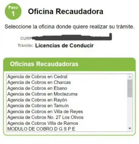 Seleccionar la oficina recaudadora