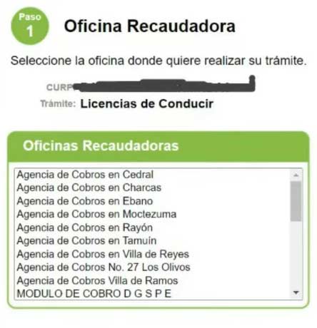 Seleccionar la oficina recaudadora