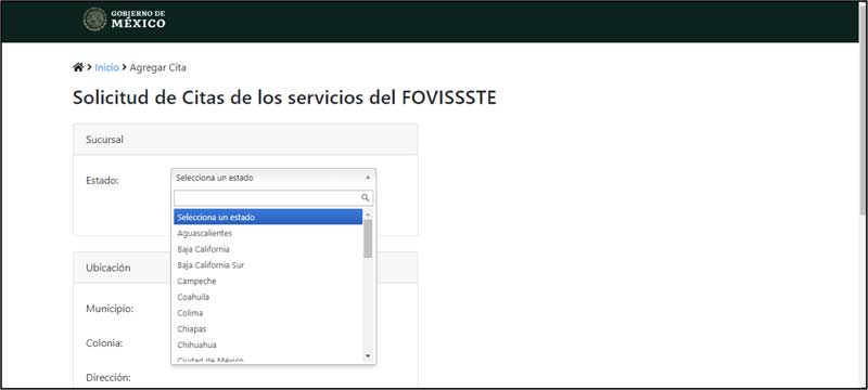 Seleccionar Estado para ir a la oficina del Fovissste