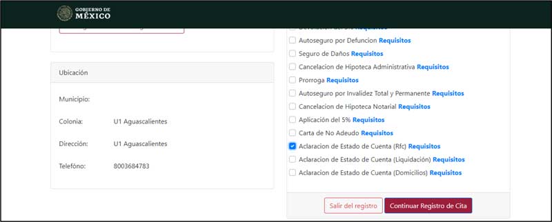 Seleccionar tipo de trámite a realizar en la oficina del Fovissste