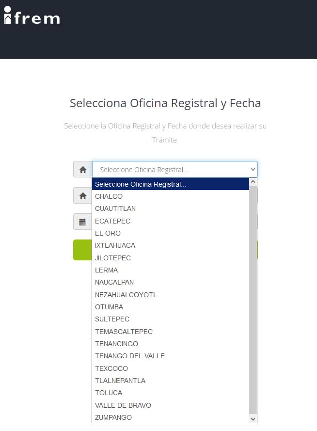 Seleccionar oficina registral IFREM