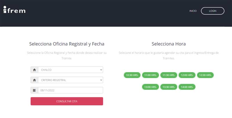 Selección de hora para acudir a la sede del IFREM