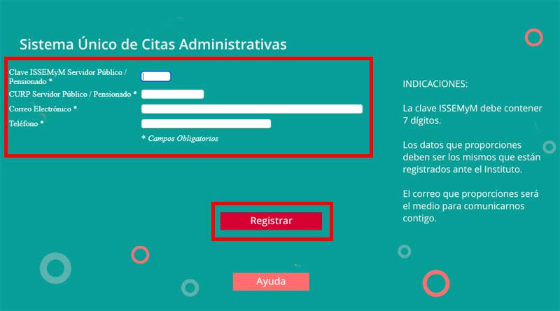 Datos para crear cuenta el sistema del ISSEMyM