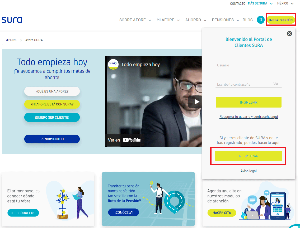 Cómo registrarse en la página web de Afore Sura - paso 1