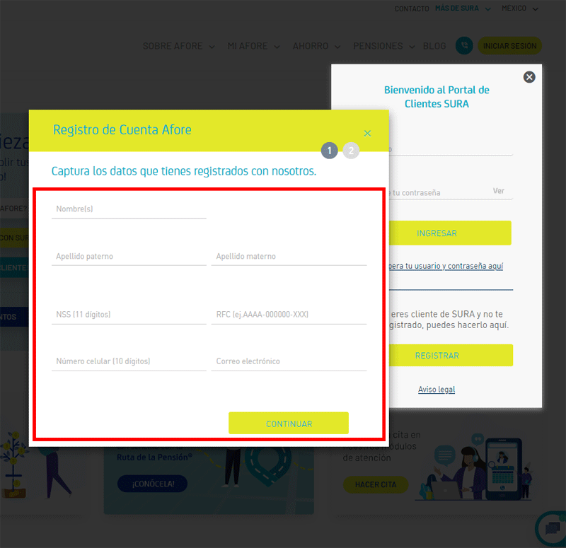 Cómo registrarse en la página web de Afore Sura - paso 3